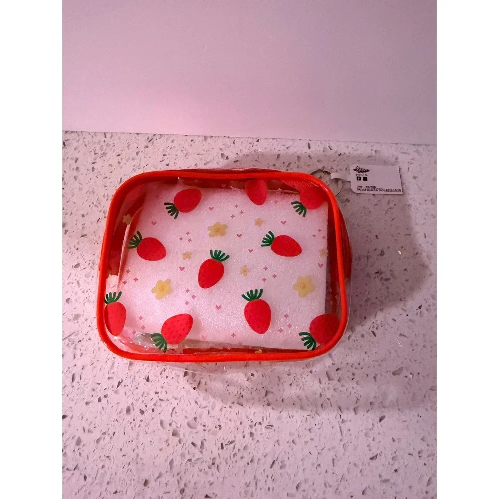 Clear Strawberry Print Makeup Bag Red Trim Zipper Travel Cosmetic Pouch New